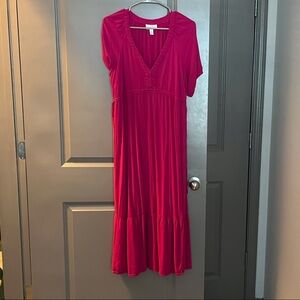 Isabel Maternity by Ingrid & Isabel V-Neck Midi Dress in Bold Pink